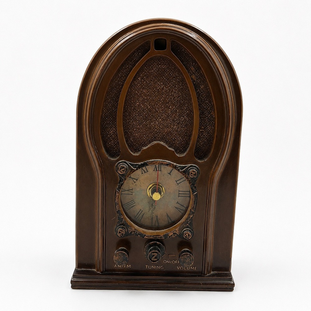 Home Interiors Faux Cathedral‎ Radio Mantel Clock Vtg Style Quartz Tested Brown